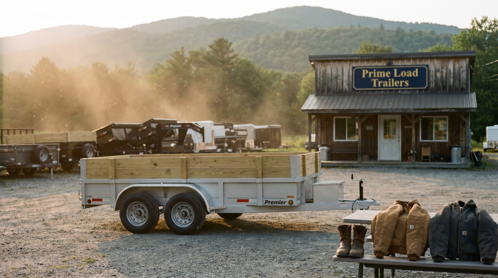 PrimeLoad Trailers dealership lot at golden hour with utility and dump trailers