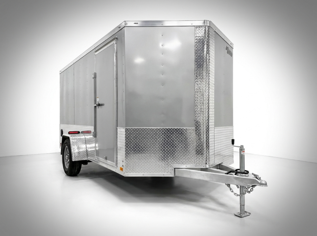 Aluminum cargo trailer with diamond plate and silver finish