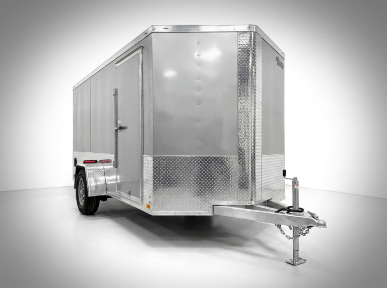 Aluminum cargo trailer with diamond plate and silver finish