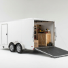 White enclosed cargo trailer 7x16 size with rear ramp door open