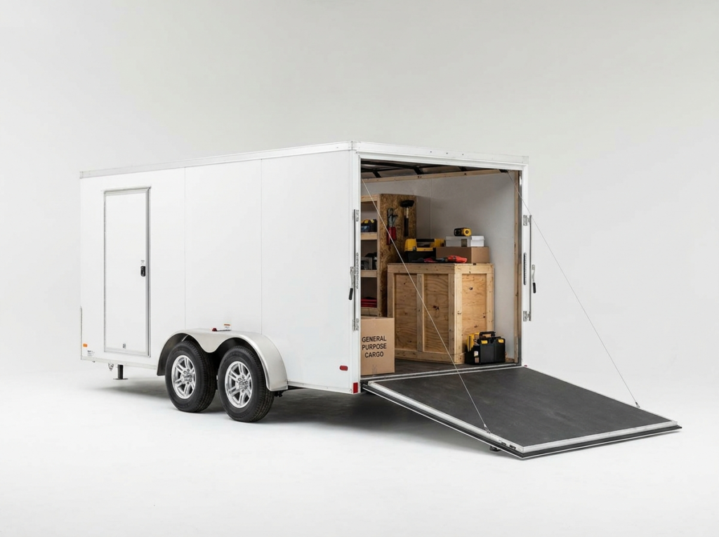 White enclosed cargo trailer 7x16 size with rear ramp door open