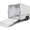 Premium enclosed car hauler trailer with deck D-ring tie-downs and ramp door open