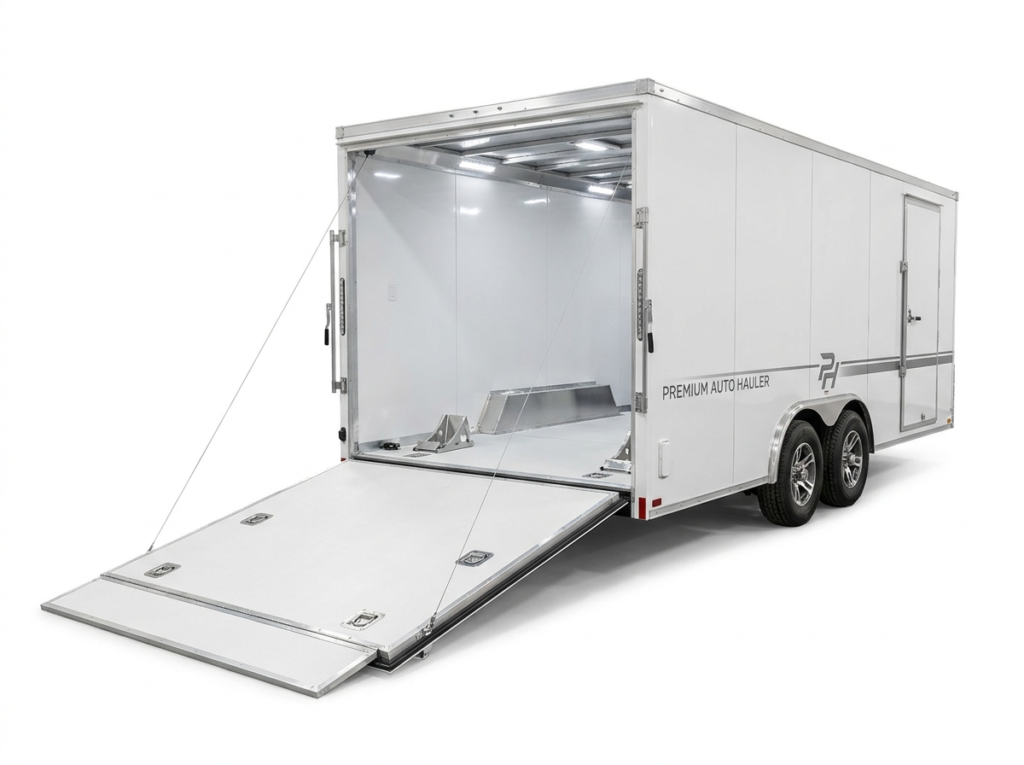 Premium enclosed car hauler trailer with deck D-ring tie-downs and ramp door open