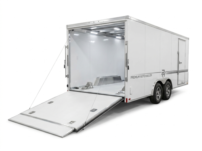Premium enclosed car hauler trailer with deck D-ring tie-downs and ramp door open