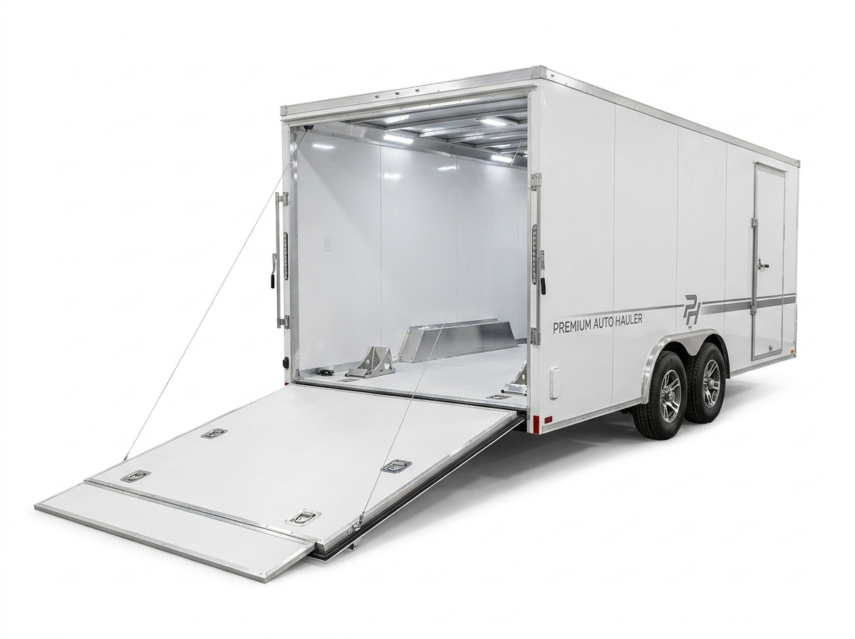 Premium enclosed car hauler trailer with deck D-ring tie-downs and ramp door open