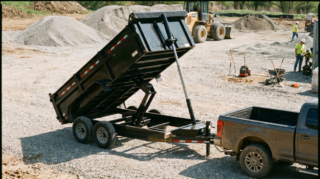 Black 7x14 tandem-axle dump trailer with hydraulic bed raised on a gravel job site — dump trailers for sale at PrimeLoad