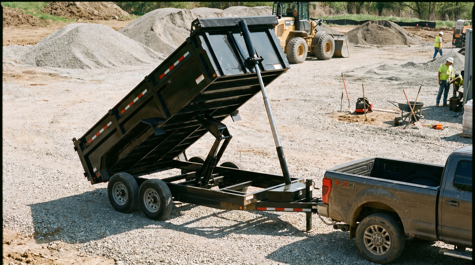 Black 7x14 tandem-axle dump trailer with hydraulic bed raised on a gravel job site — dump trailers for sale at PrimeLoad