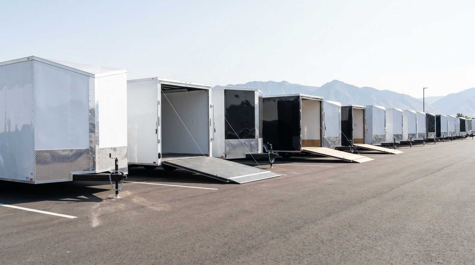 Row of new white and black enclosed V-nose cargo trailers on a dealer lot — enclosed trailers for sale at PrimeLoad