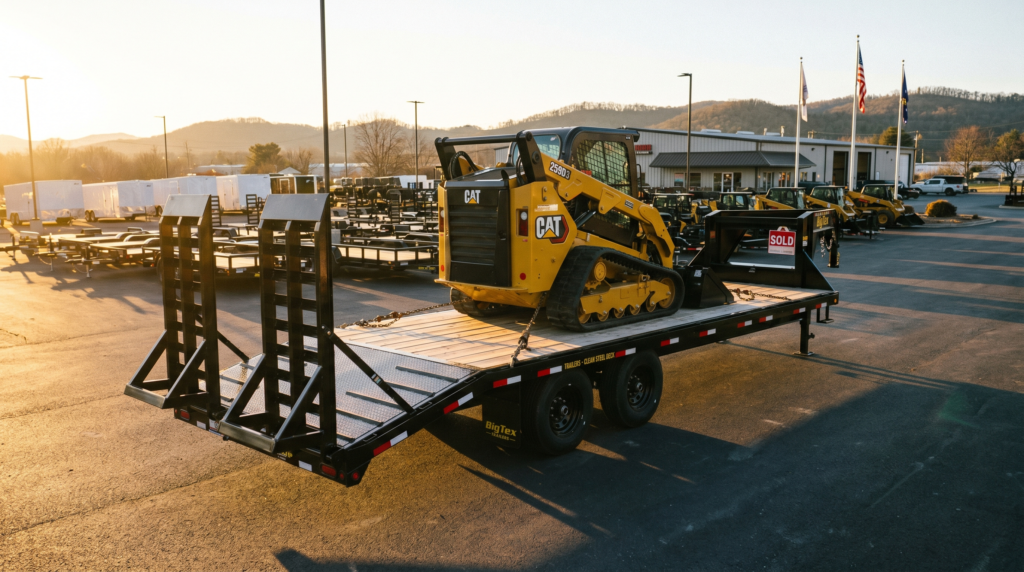 Heavy duty 7x20 equipment trailer with a skid steer loaded on the deck — equipment trailers for sale at PrimeLoad