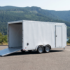 White V-nose tandem axle cargo trailer with ramp door open — cargo trailers for sale at PrimeLoad