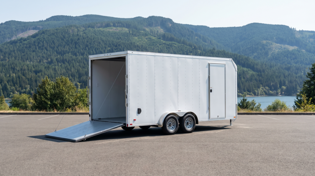 White V-nose tandem axle cargo trailer with ramp door open — cargo trailers for sale at PrimeLoad