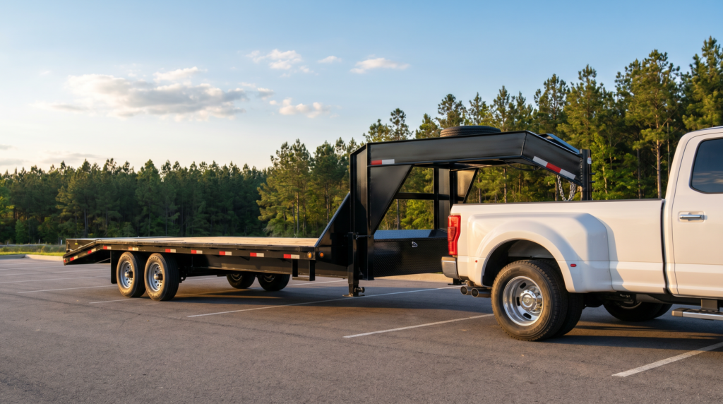 Black 8.5x32 deckover gooseneck trailer hitched to a one-ton dually pickup — gooseneck trailers for sale at PrimeLoad