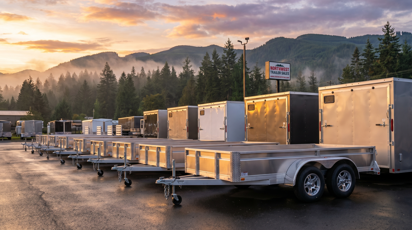 Polished aluminum utility and enclosed cargo trailers on a dealer lot at golden hour — aluminum trailers for sale at PrimeLoad