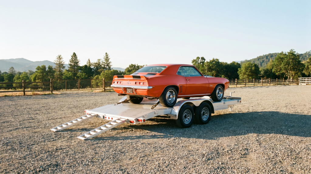 Steel-deck open car hauler trailer with a classic muscle car loaded — open car trailers for sale at PrimeLoad