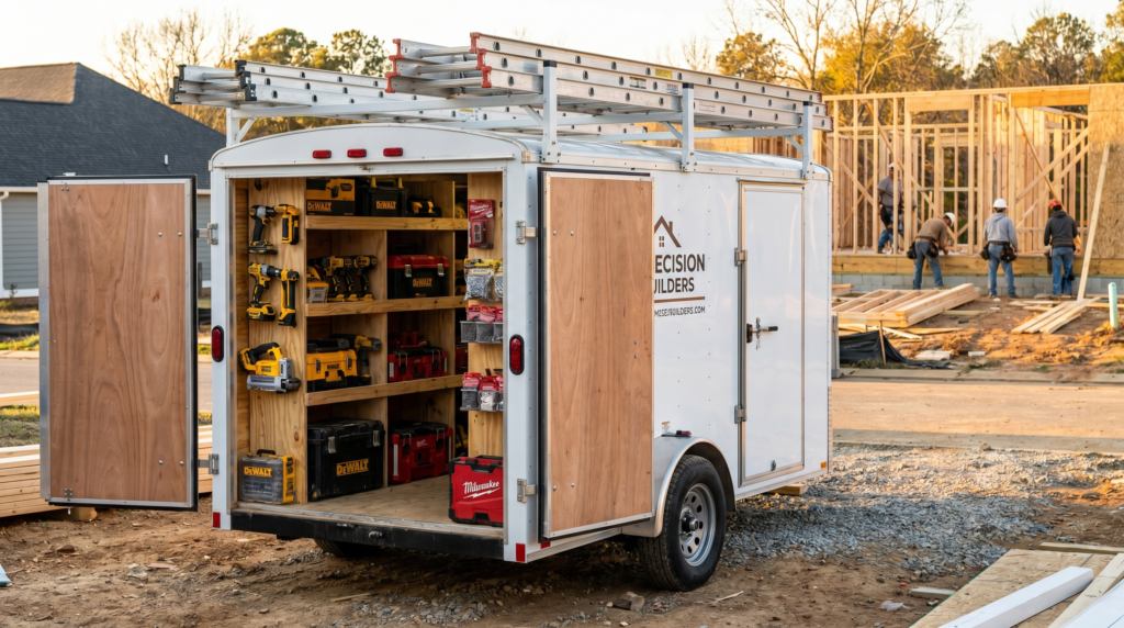 White 7x14 enclosed contractor trailer at a residential jobsite with ladder rack — contractor trailers for sale at PrimeLoad
