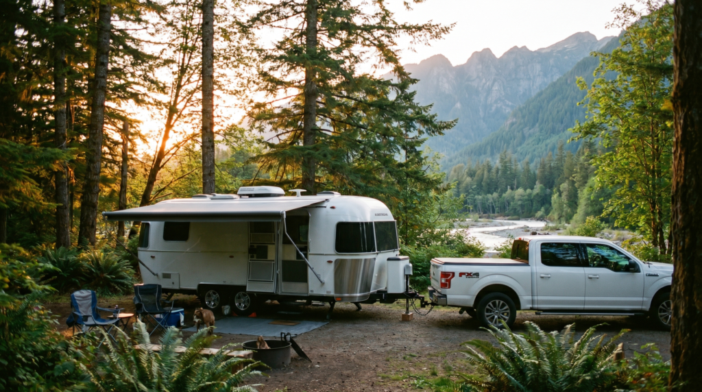 White travel trailer at a forested PNW campsite with slide-out and awning extended — camper trailers for sale at PrimeLoad