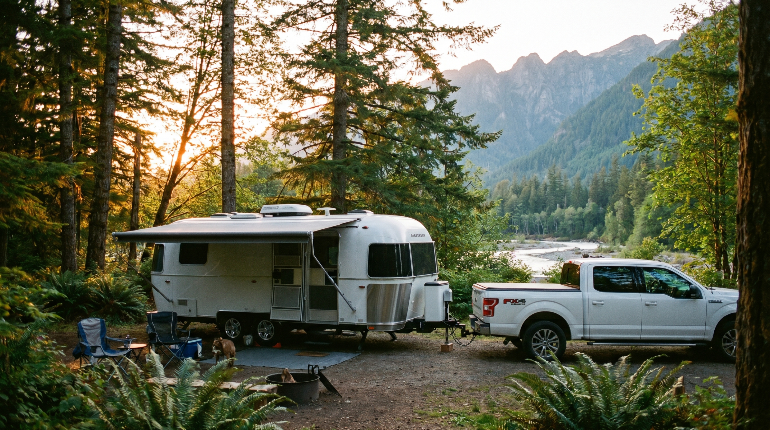 White travel trailer at a forested PNW campsite with slide-out and awning extended — camper trailers for sale at PrimeLoad