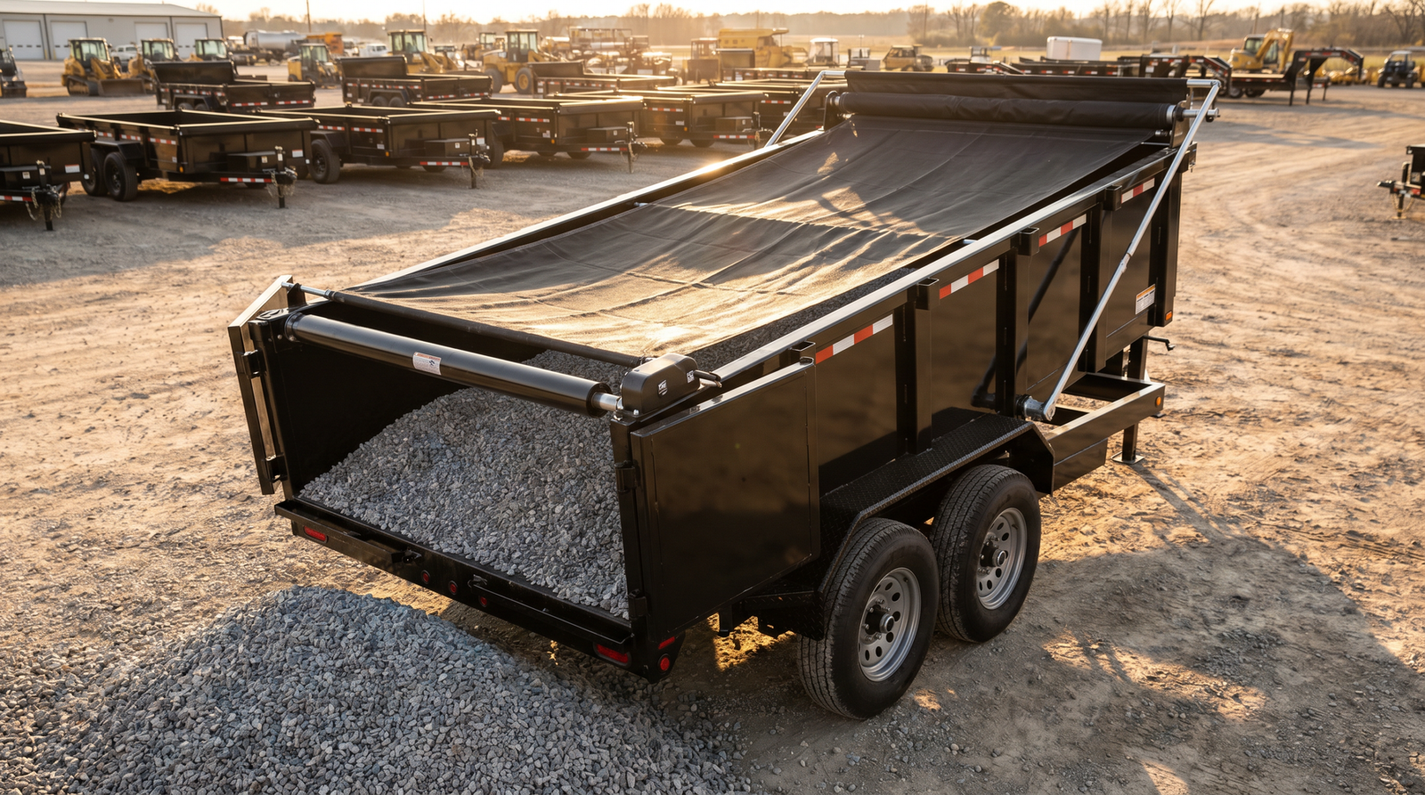Black 7x14 tandem-axle dump trailer with electric roll-tarp system extended over gravel load — dump trailer tarp kit at PrimeLoad