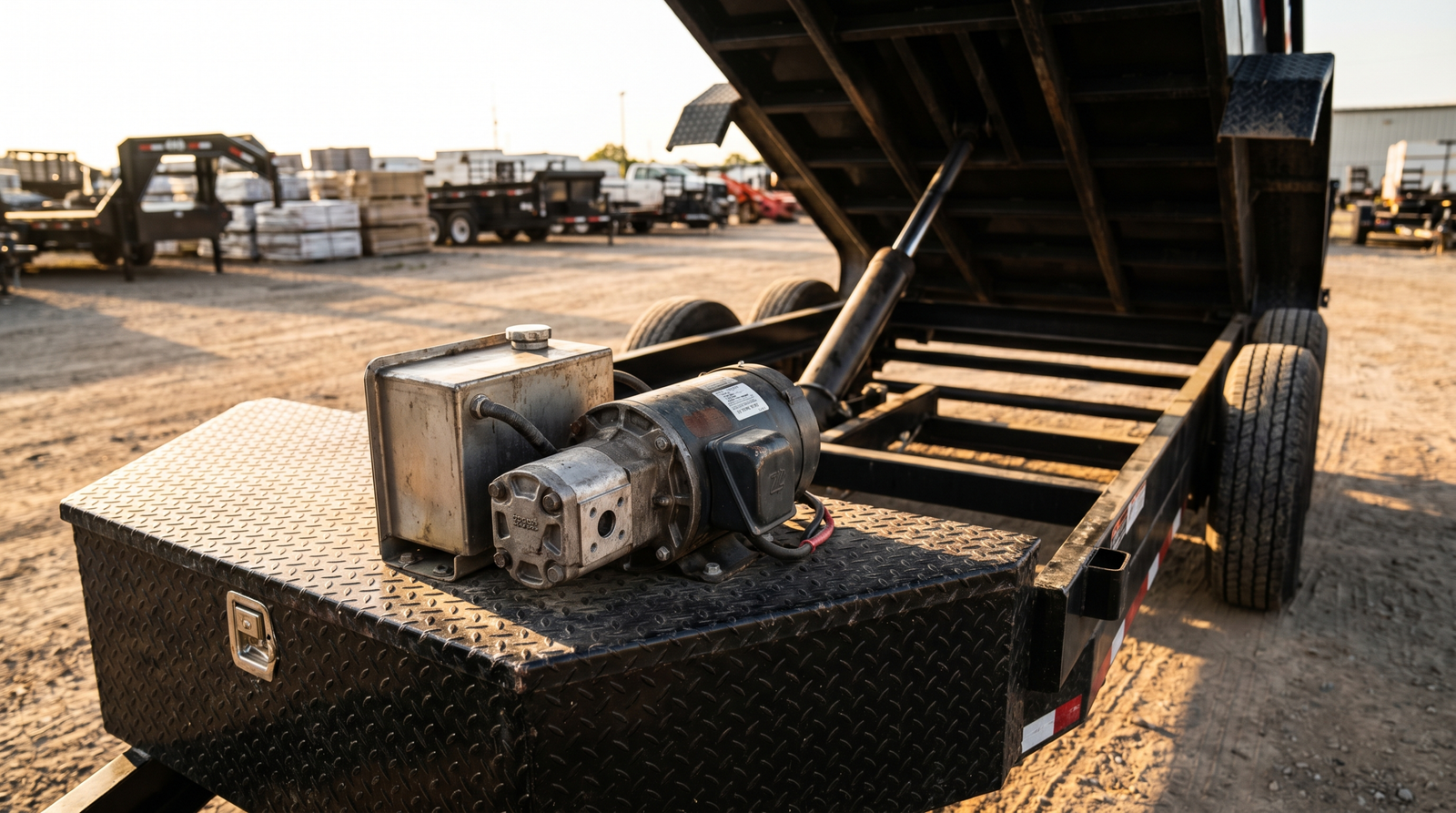 Heavy-duty 12V hydraulic pump unit mounted on the tongue box of a black dump trailer — dump trailer hydraulic pump at PrimeLoad