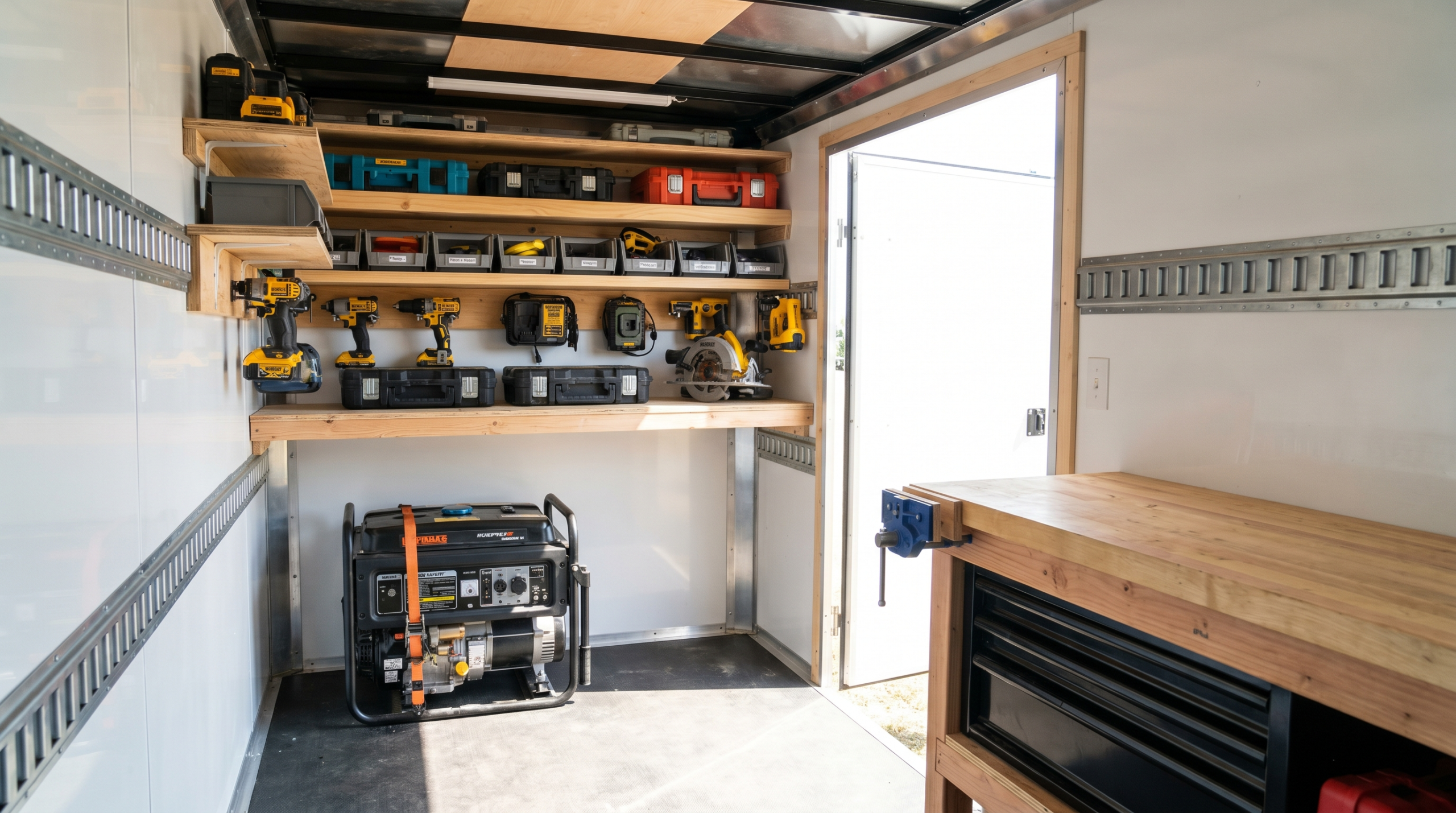 Open interior of a white 7x14 enclosed cargo trailer outfitted with E-track shelving, mounted tools, and a workbench — enclosed trailer outfitting at PrimeLoad