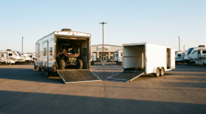 Side-by-side comparison of a white toy hauler RV with rear ramp down beside a plain V-nose enclosed cargo trailer — toy hauler vs enclosed cargo at PrimeLoad