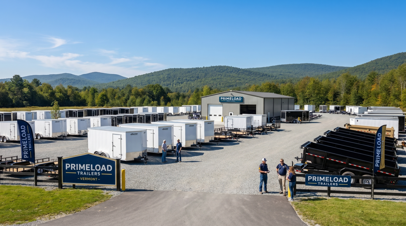 Prime Load Trailers Vermont dealership lot with multiple trailers in rows under bright daylight