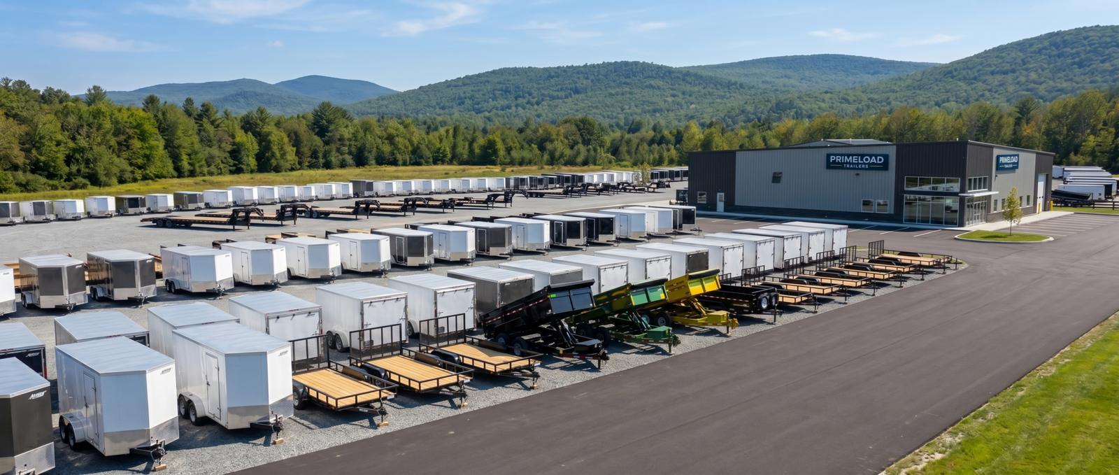 PrimeLoad Trailers dealership yard featuring multiple trailer categories with free nationwide delivery