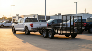 White Ford F-150 hitched to a black 6x12 tandem axle landscape utility trailer at golden hour — best utility trailer for f-150 at PrimeLoad