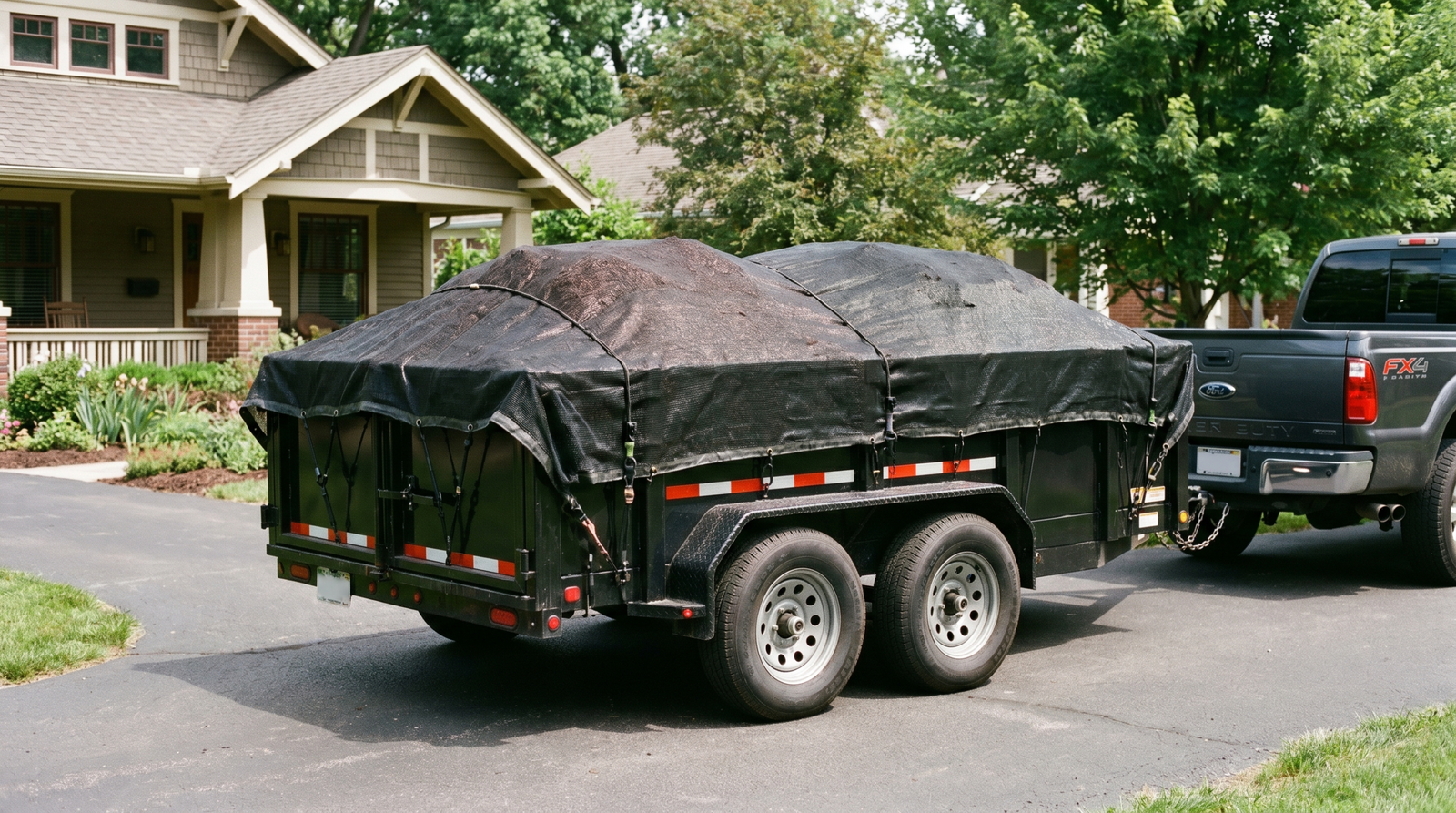 Black 6x12 utility trailer loaded with mulch and topsoil under a heavy-duty mesh tarp on a residential driveway — how to tarp a utility trailer at PrimeLoad