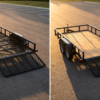 Side-by-side comparison of a steel mesh expanded-metal deck utility trailer next to a treated wood deck utility trailer — steel mesh vs wood deck at PrimeLoad