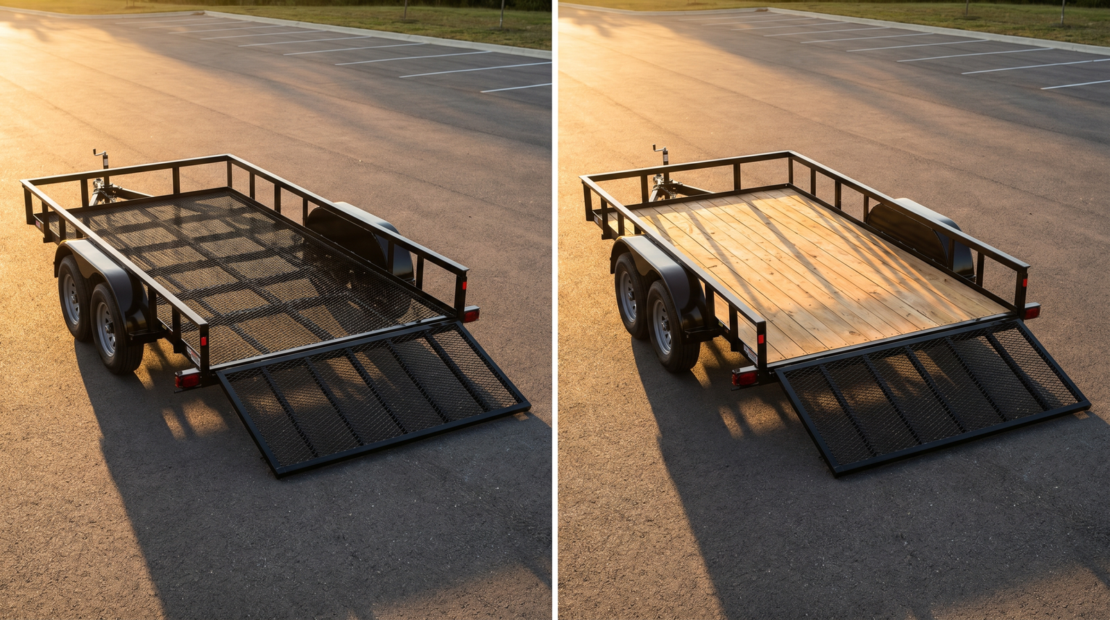 Side-by-side comparison of a steel mesh expanded-metal deck utility trailer next to a treated wood deck utility trailer — steel mesh vs wood deck at PrimeLoad