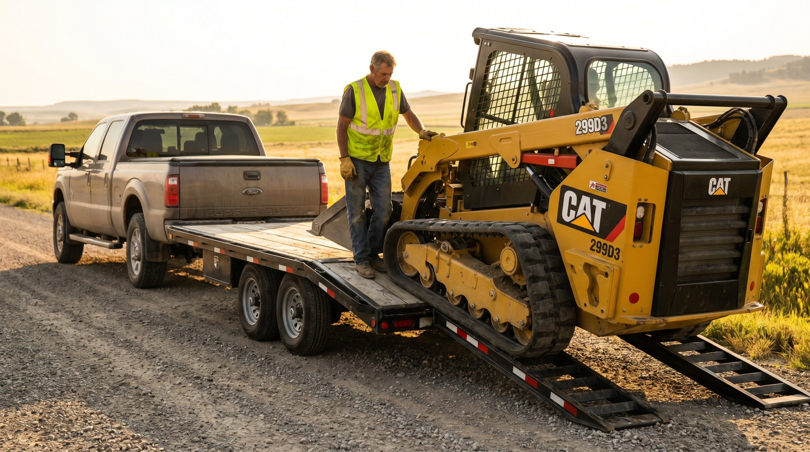 Contractor driving a CAT skid steer up the slide-in ramps onto a black 7x20 equipment trailer — how to load a skid steer at PrimeLoad
