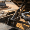 Mechanic greasing the pivot point and hydraulic cylinder on a tilt-deck equipment trailer — hydraulic tilt maintenance at PrimeLoad