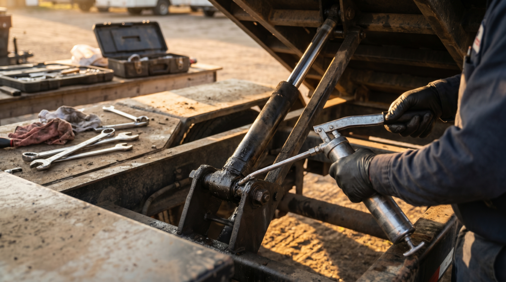 Mechanic greasing the pivot point and hydraulic cylinder on a tilt-deck equipment trailer — hydraulic tilt maintenance at PrimeLoad