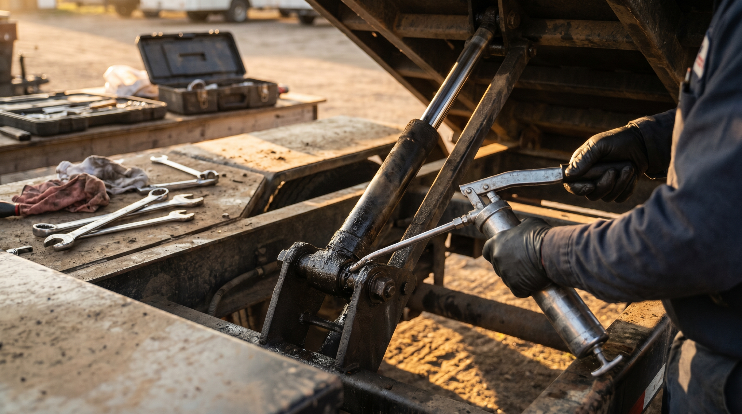 Mechanic greasing the pivot point and hydraulic cylinder on a tilt-deck equipment trailer — hydraulic tilt maintenance at PrimeLoad