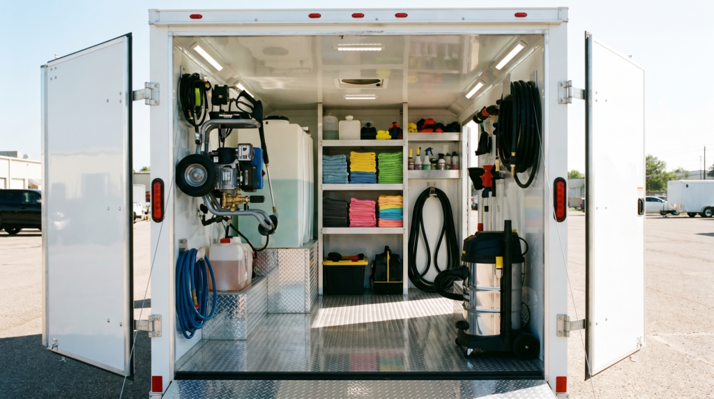 Interior of a white enclosed cargo trailer outfitted as a mobile detail business with pressure washer, tanks, and storage — mobile detail trailer setup at PrimeLoad