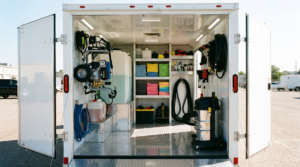 Interior of a white enclosed cargo trailer outfitted as a mobile detail business with pressure washer, tanks, and storage — mobile detail trailer setup at PrimeLoad