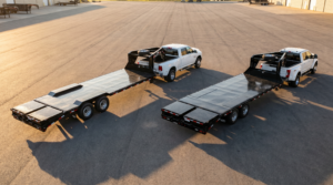 Side-by-side comparison of spread-axle and close-coupled tandem gooseneck deckover trailers — spread axle vs close-coupled at PrimeLoad