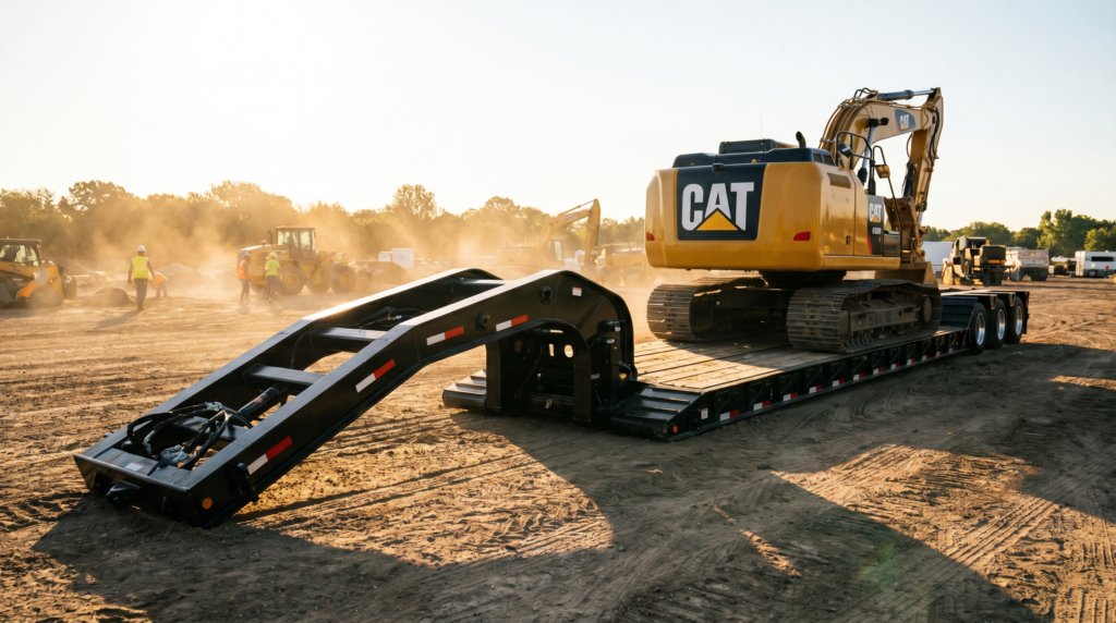 Black detachable gooseneck lowboy trailer with deck lowered to the ground and an excavator parked on it — detachable lowboy trailer at PrimeLoad