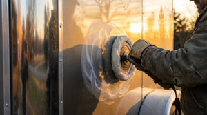 Contractor polishing the side panel of a polished aluminum enclosed trailer with a buffer — how to polish an aluminum trailer at PrimeLoad