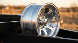 Polished aluminum trailer wheel with chrome highlights and water beading on the surface — aluminum trailer wheel care at PrimeLoad