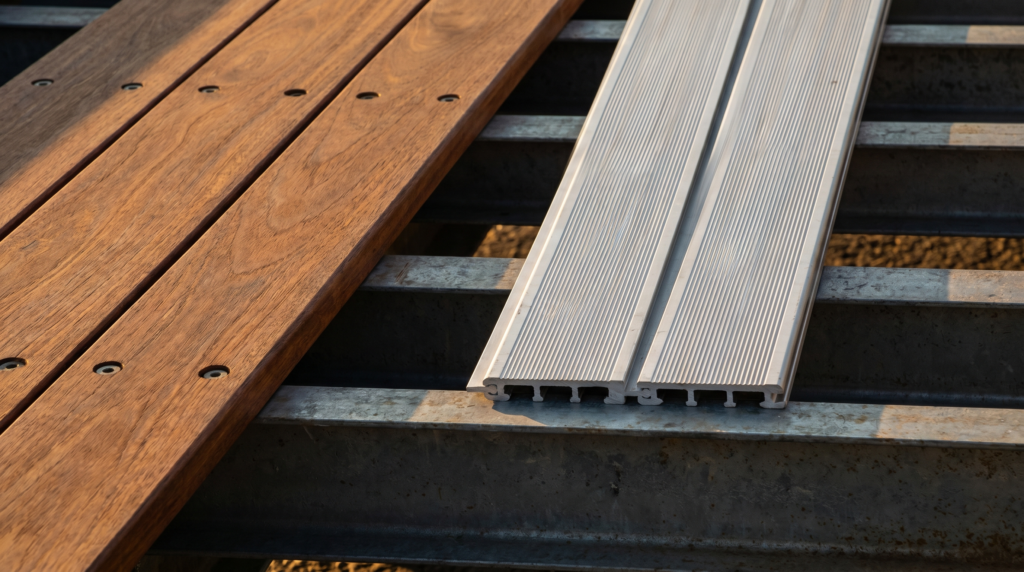Side-by-side comparison of brown Apitong tropical hardwood deck planks and ribbed aluminum extruded deck planks — apitong vs aluminum deck at PrimeLoad