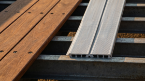 Side-by-side comparison of brown Apitong tropical hardwood deck planks and ribbed aluminum extruded deck planks — apitong vs aluminum deck at PrimeLoad