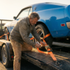 Contractor strapping a classic muscle car down on the deck of a steel-deck open car hauler trailer with ratchet straps — how to strap a car down at PrimeLoad