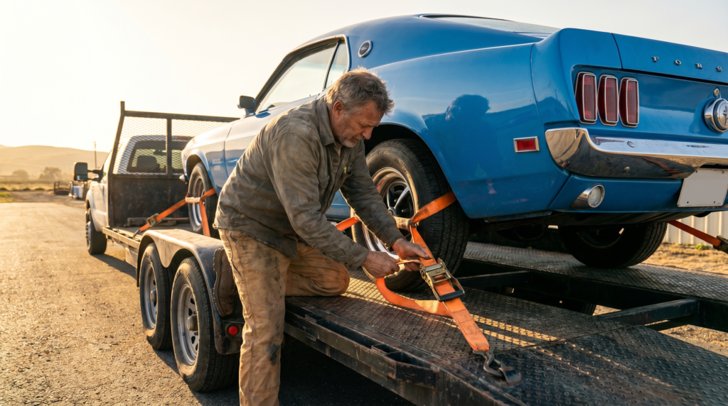 Contractor strapping a classic muscle car down on the deck of a steel-deck open car hauler trailer with ratchet straps — how to strap a car down at PrimeLoad