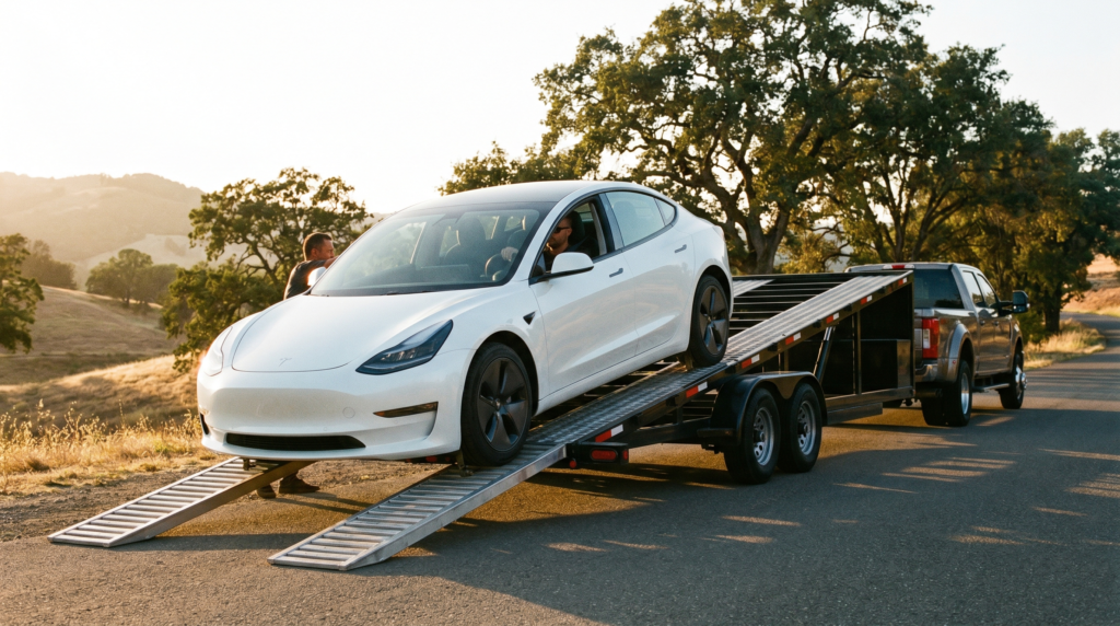 White Tesla Model 3 EV being driven up the slide-in ramps onto a black open car hauler trailer — loading EVs on open trailers at PrimeLoad
