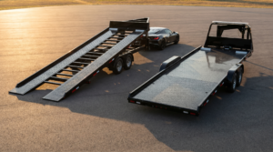 Side-by-side comparison of beavertail open car hauler and hydraulic tilt deck open car hauler — beavertail vs tilt for low cars at PrimeLoad