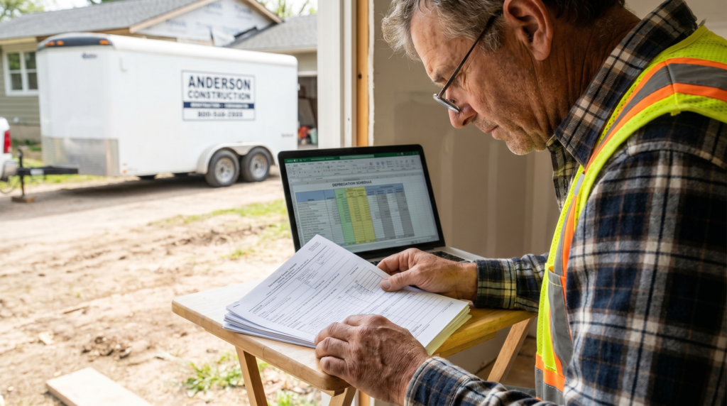 Contractor reviewing tax depreciation schedules with a contractor trailer in the background — best tax strategies for contractor trailers at PrimeLoad