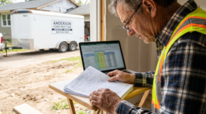 Contractor reviewing tax depreciation schedules with a contractor trailer in the background — best tax strategies for contractor trailers at PrimeLoad