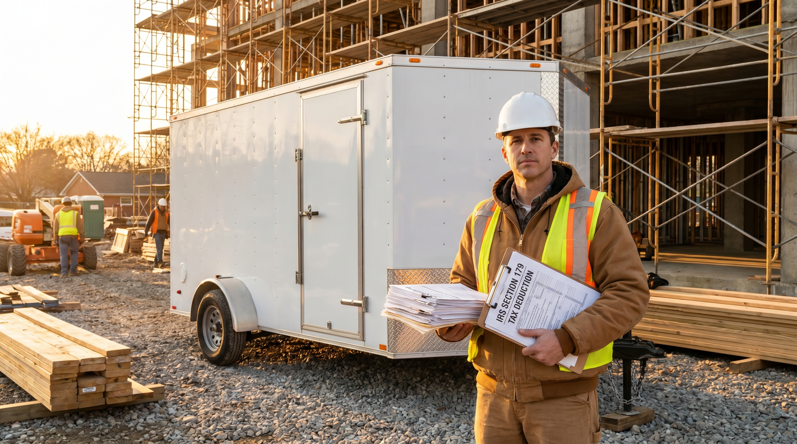 White contractor trailer with tax documents and clipboard at a jobsite — Section 179 deduction for trailers at PrimeLoad